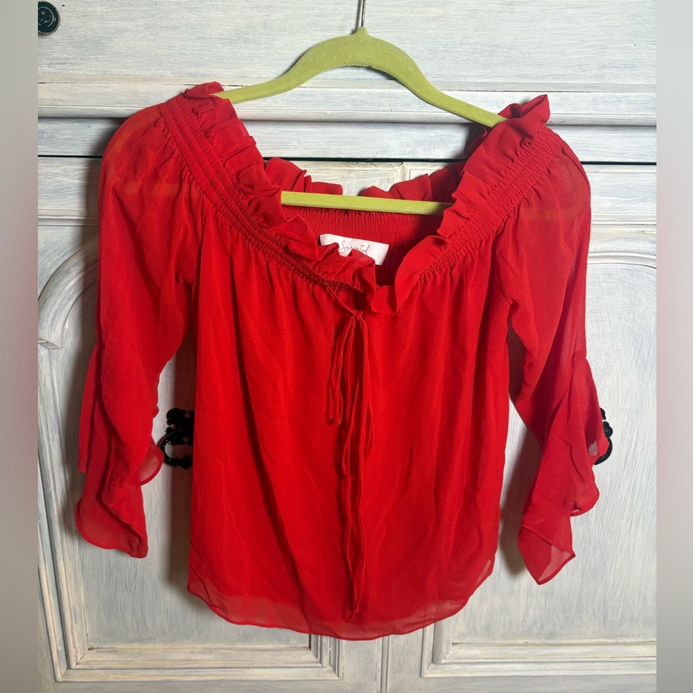 Boutique Red Sheer Ruffle Off The Shoulder Blouse Romantic Flirty Chiffon